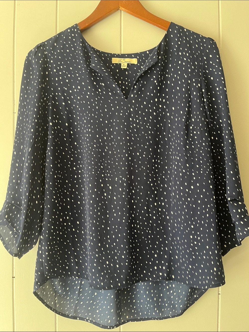 Talbots Navy and White Dot Split V-Neck Blouse